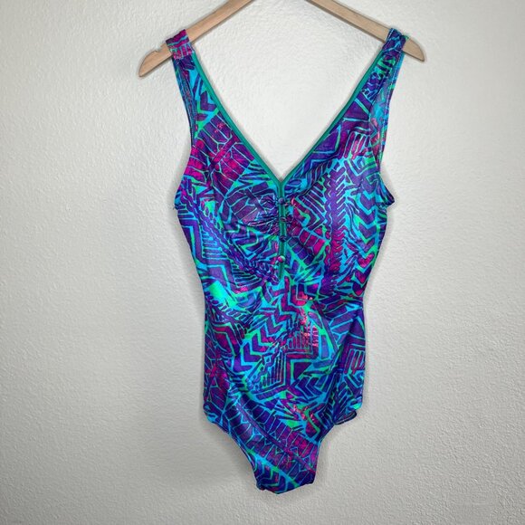 Vintage Maxine Of Hollywood One-Piece Blue Geometric V-Neck Swimsuit - Picture 2 of 9